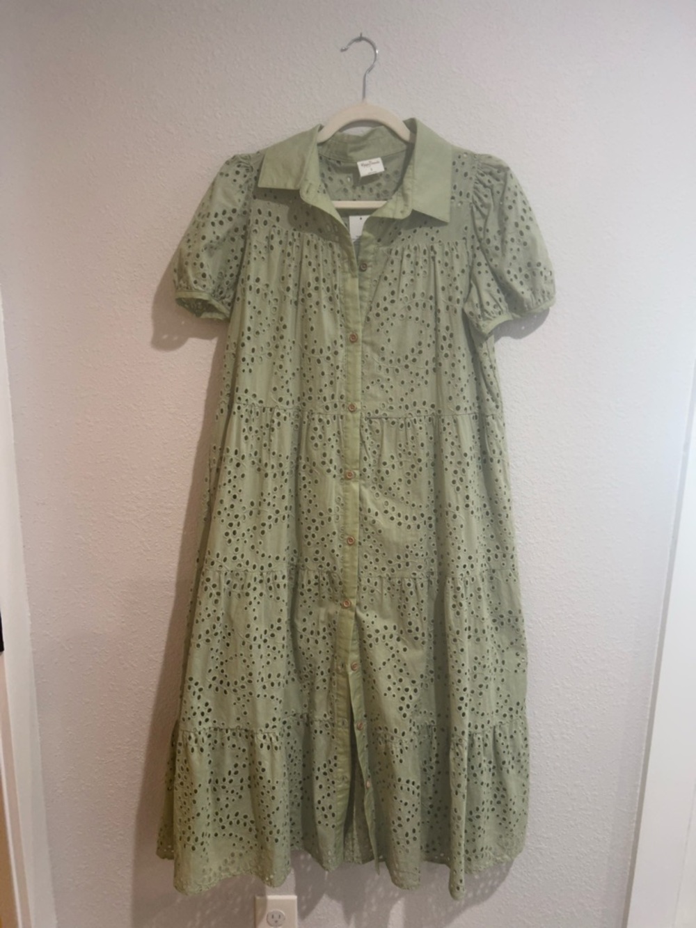 Sage Green Eyelet Button-Front Midi Dress